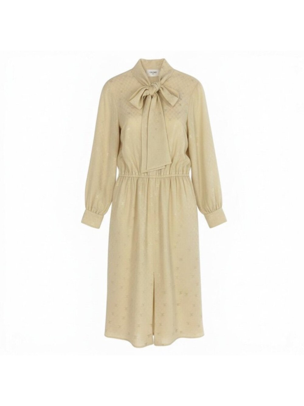 Celine Lavaliere Triomphe Pattern Bow Tie Silk Dress Long Ivory